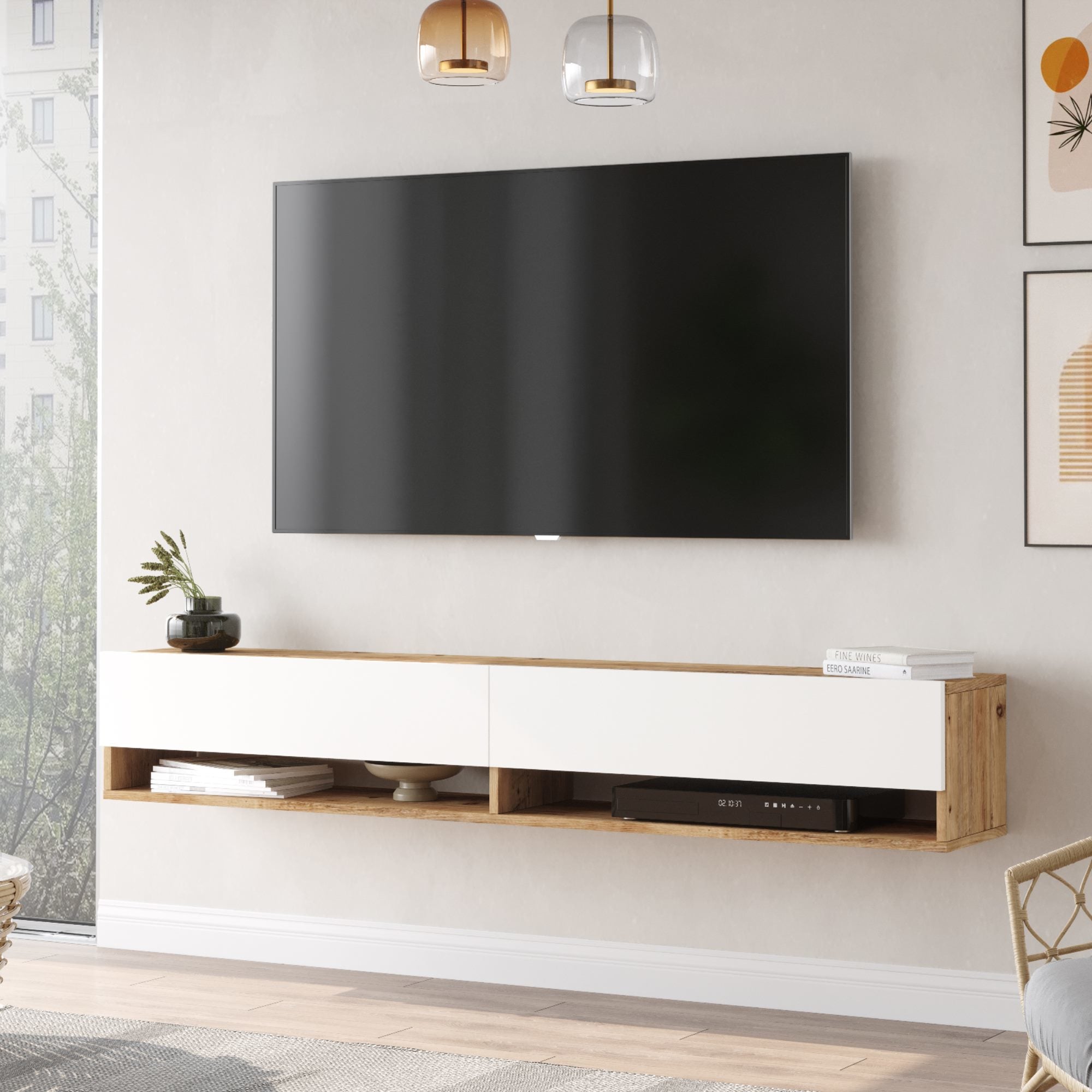 Consolle da Parete 'Laitila' con 2 Ante e Scomparti Mobile Pensile Porta TV 180 cm - Rovere Rustico/Bianco [en.casa]
