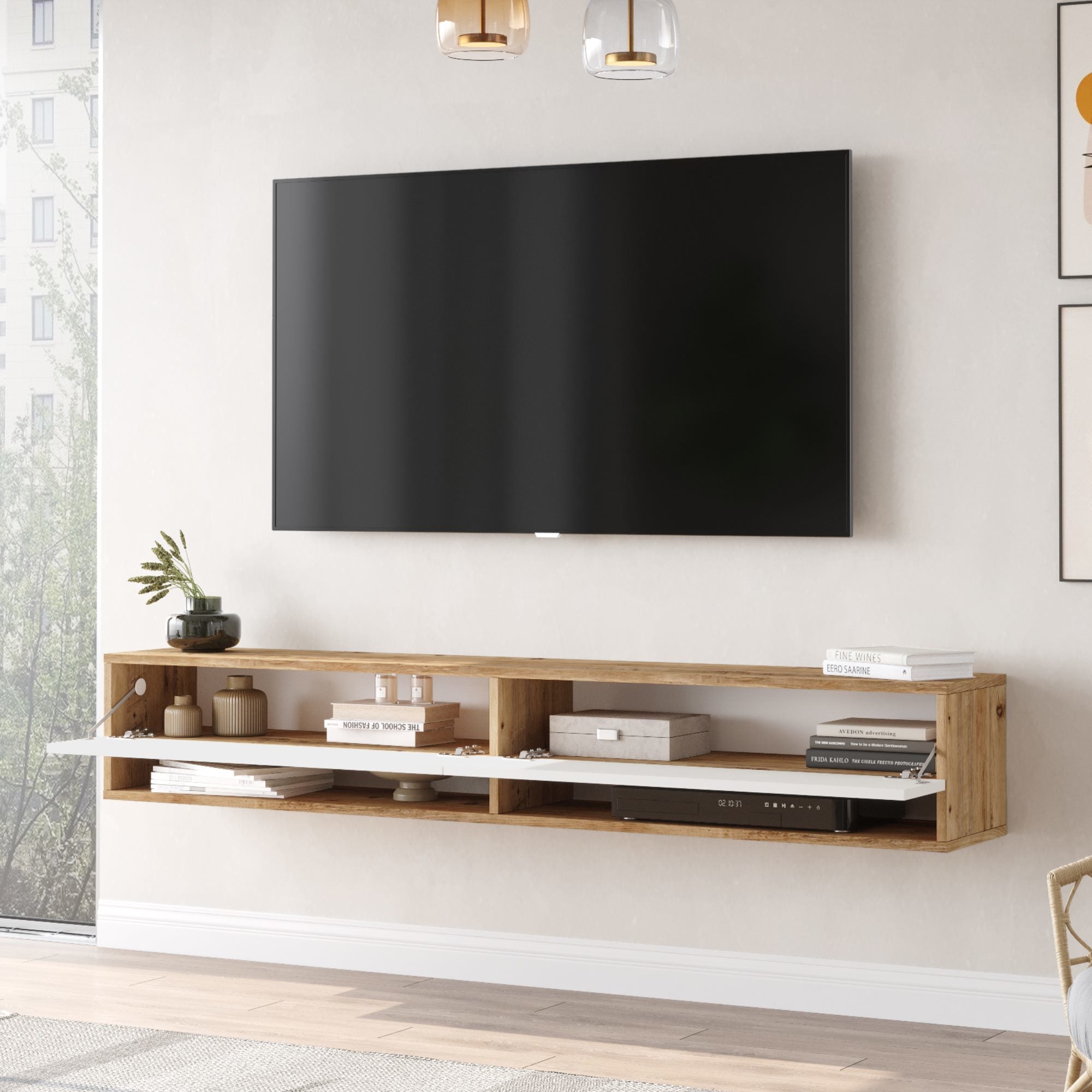 Consolle da Parete 'Laitila' con 2 Ante e Scomparti Mobile Pensile Porta TV 180 cm - Rovere Rustico/Bianco [en.casa]