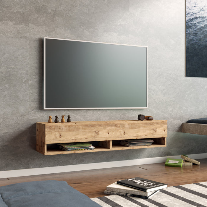 Consolle da Parete 'Laitila' con 2 Ante e Scomparti Mobile Pensile Porta TV 140 cm - Rovere Rustico [en.casa]