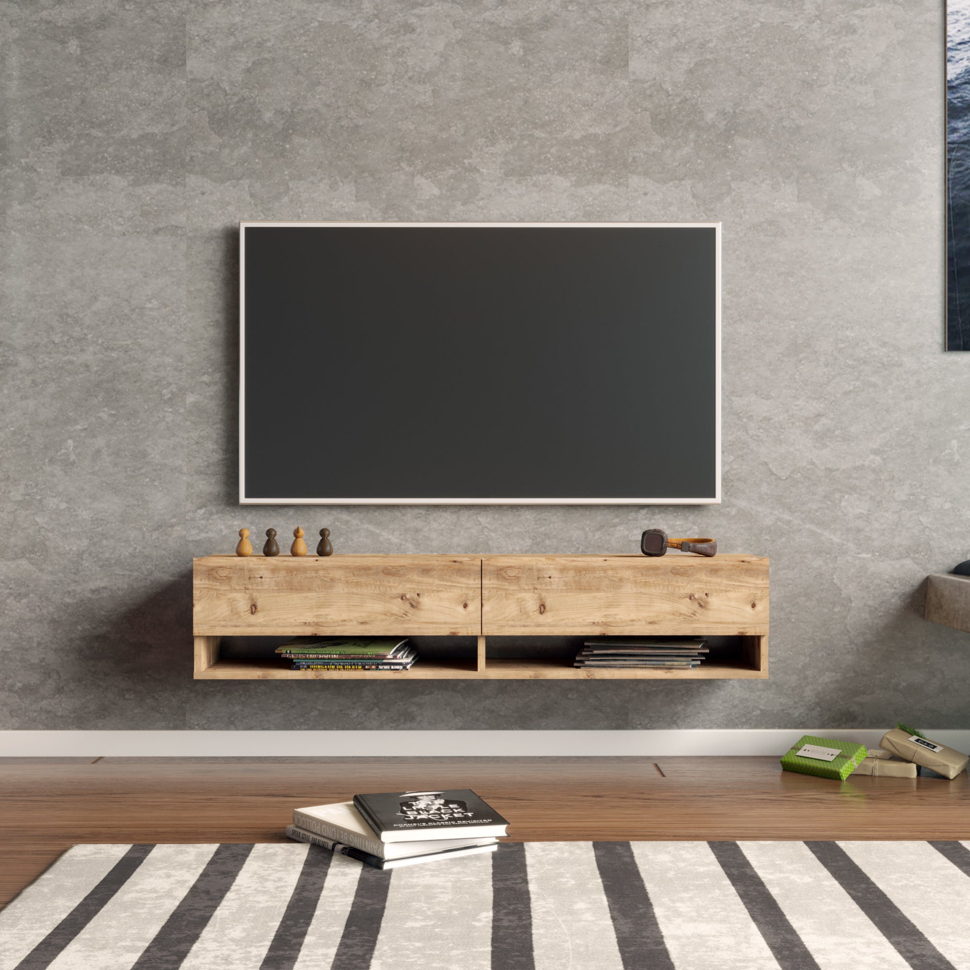 Consolle da Parete 'Laitila' con 2 Ante e Scomparti Mobile Pensile Porta TV 140 cm - Rovere Rustico [en.casa]