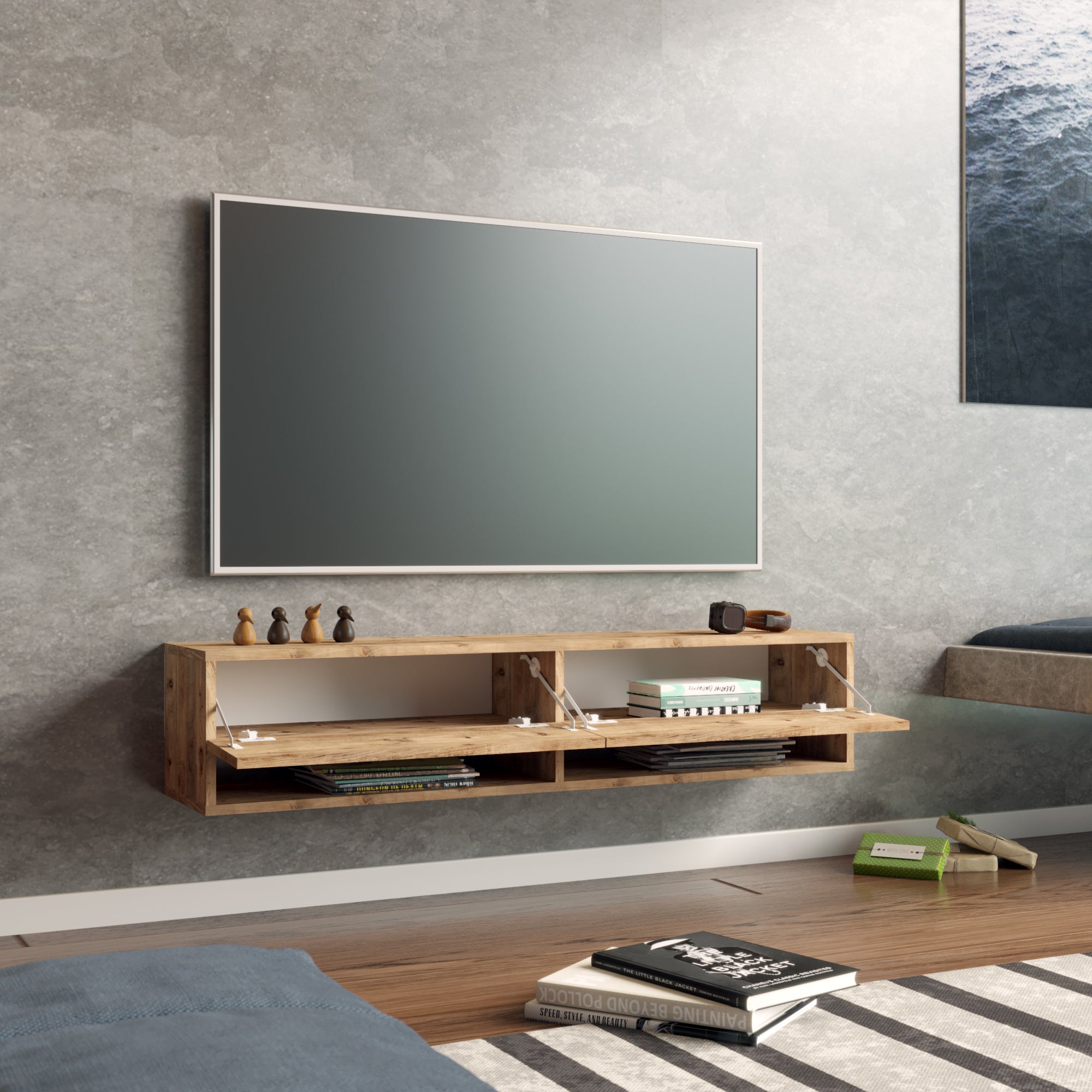 Consolle da Parete 'Laitila' con 2 Ante e Scomparti Mobile Pensile Porta TV 140 cm - Rovere Rustico [en.casa]