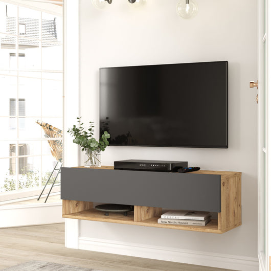 Consolle da Parete 'Laitila' con Anta e Scomparti Mobile Pensile Porta TV 100 cm - Rovere Rustico/Antracite [en.casa]
