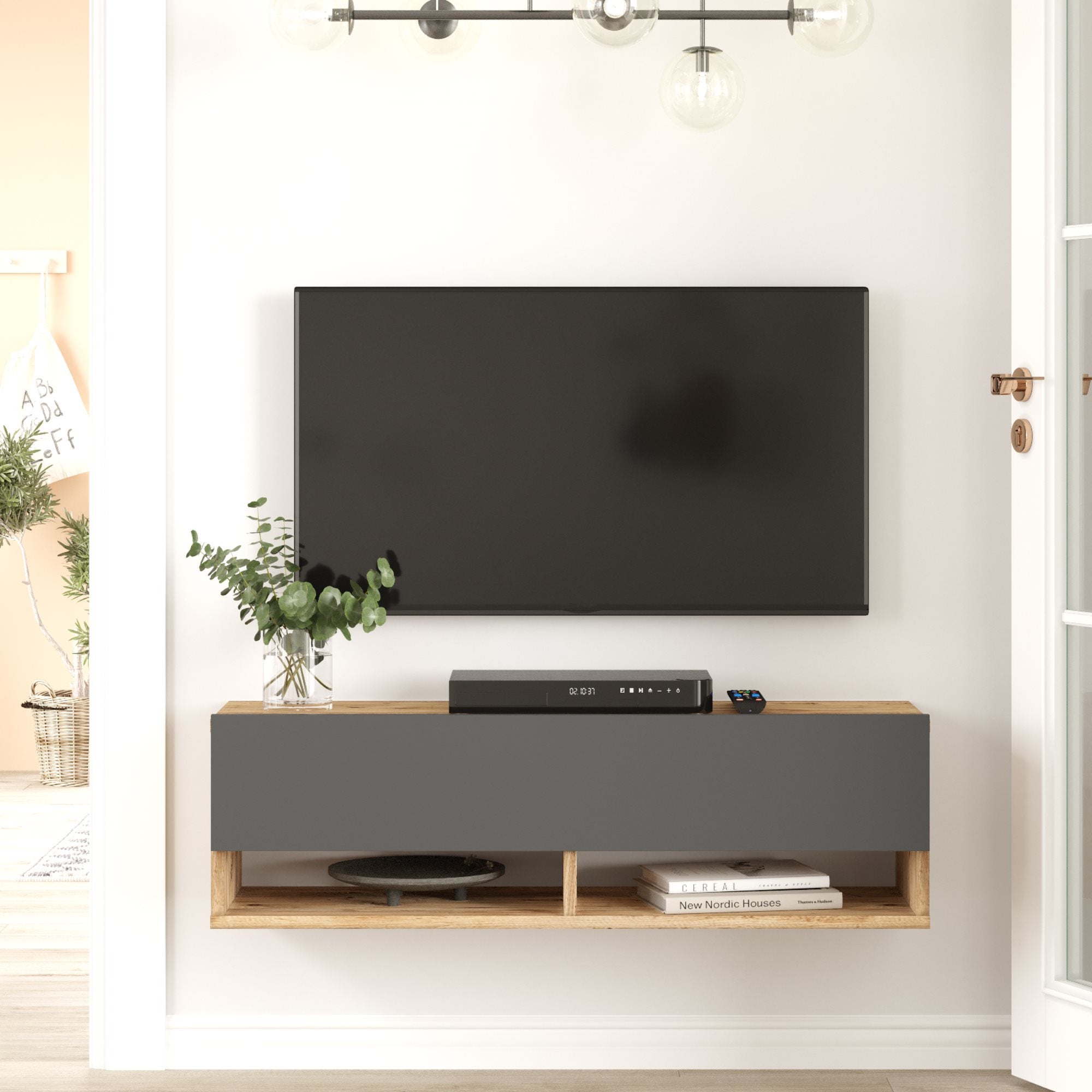 Consolle da Parete 'Laitila' con Anta e Scomparti Mobile Pensile Porta TV 100 cm - Rovere Rustico/Antracite [en.casa]