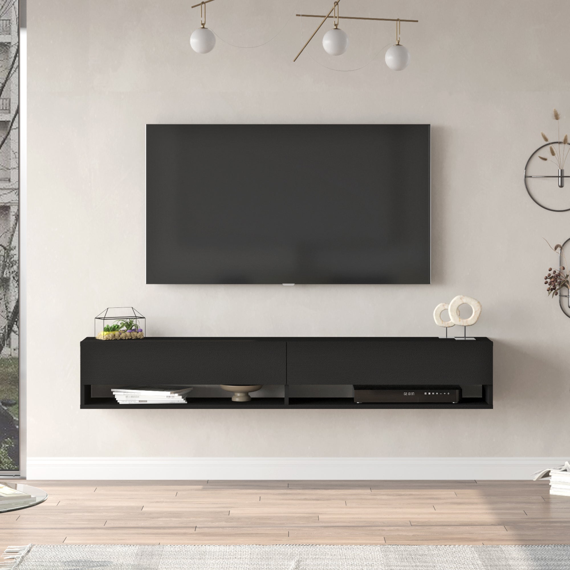 Consolle da Parete 'Laitila' con 2 Ante e Scomparti Mobile Pensile Porta TV 180 cm - Nero [en.casa]