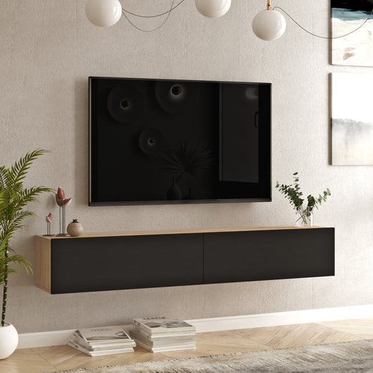 Mobile Porta TV Lapinlahti con 2 Ante a Ribalta Consolle da Parete 180 cm - Effetto Rovere / Nero [en.casa]