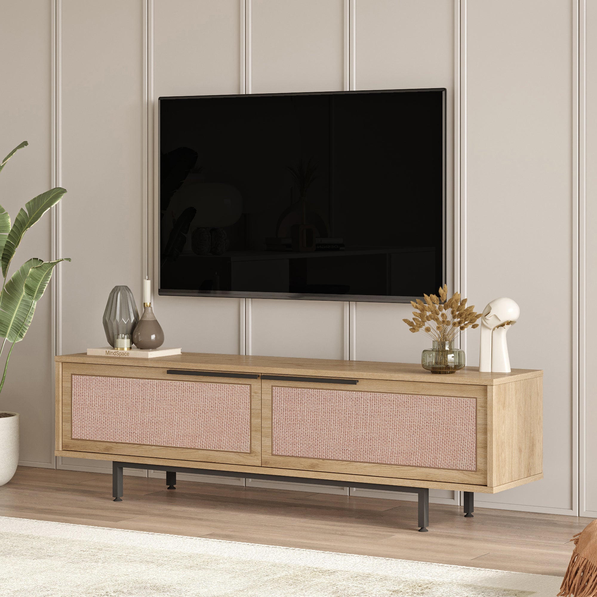 Mobile TV Kvænangen con 2 Scomparti Chiusi - Effetto Rovere / Rattan [en.casa]