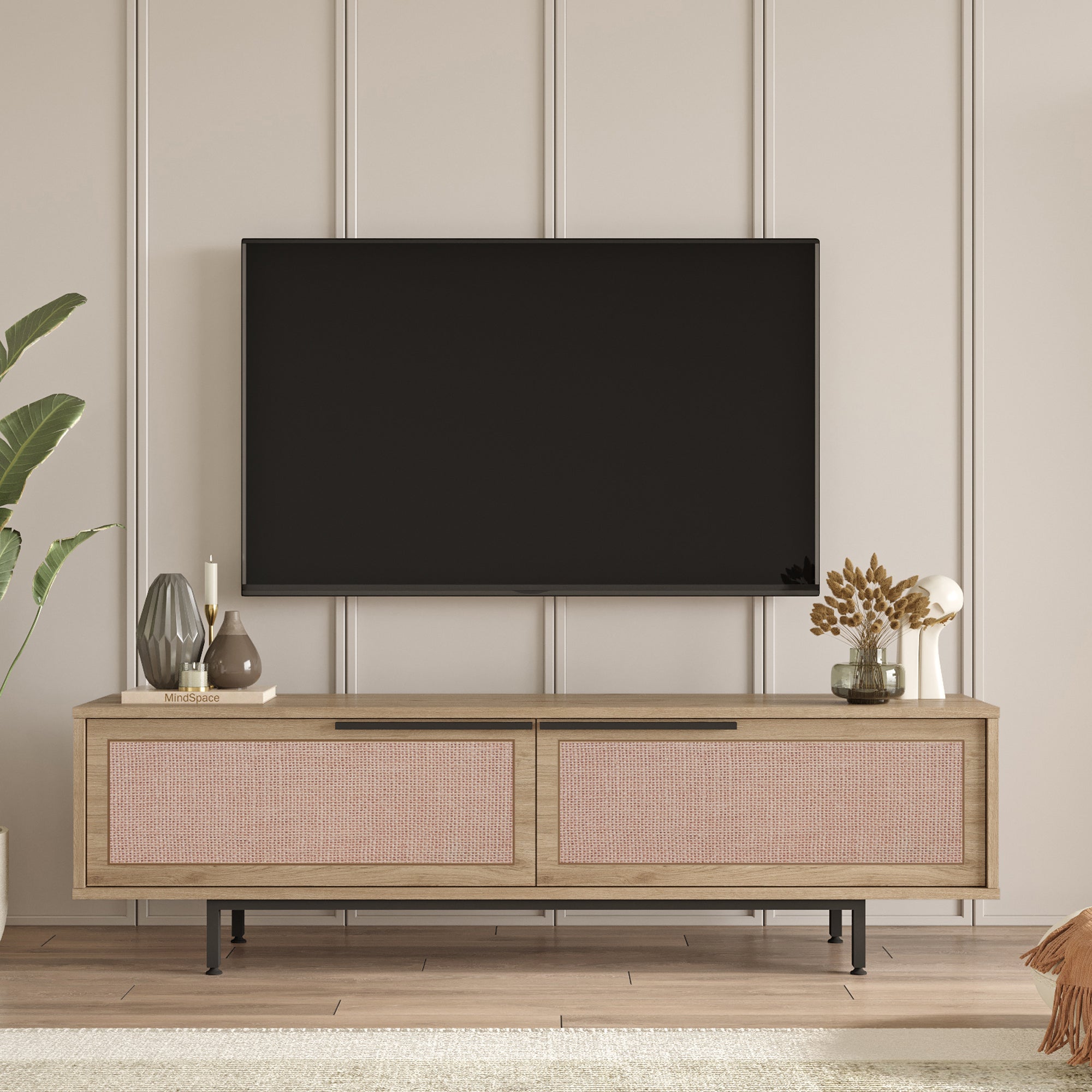 Mobile TV Kvænangen con 2 Scomparti Chiusi - Effetto Rovere / Rattan [en.casa]
