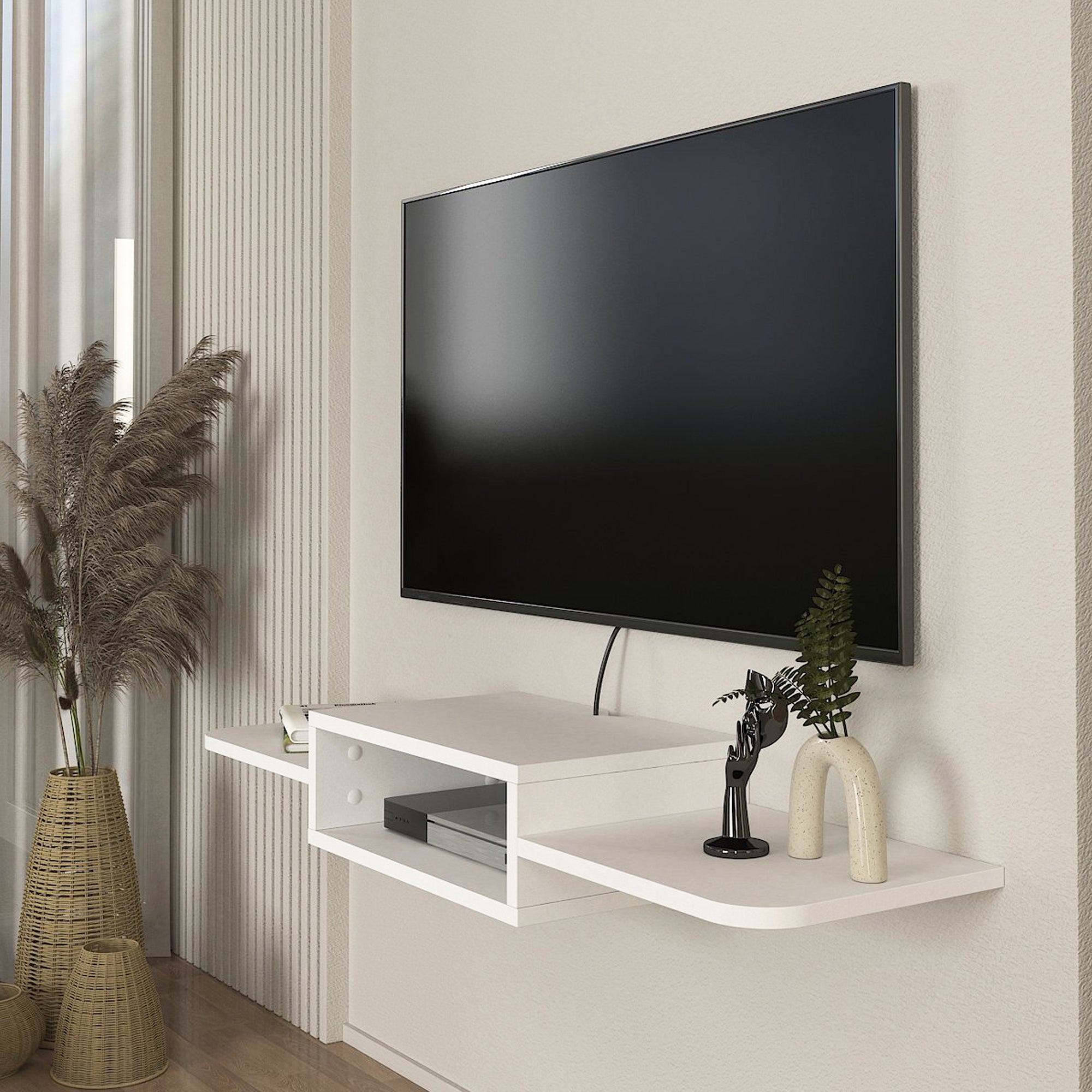 Mobile Porta TV Tar da Parete con Vano Aperto e Ripiani 115 x 30 x 16 cm - Bianco [en.casa]