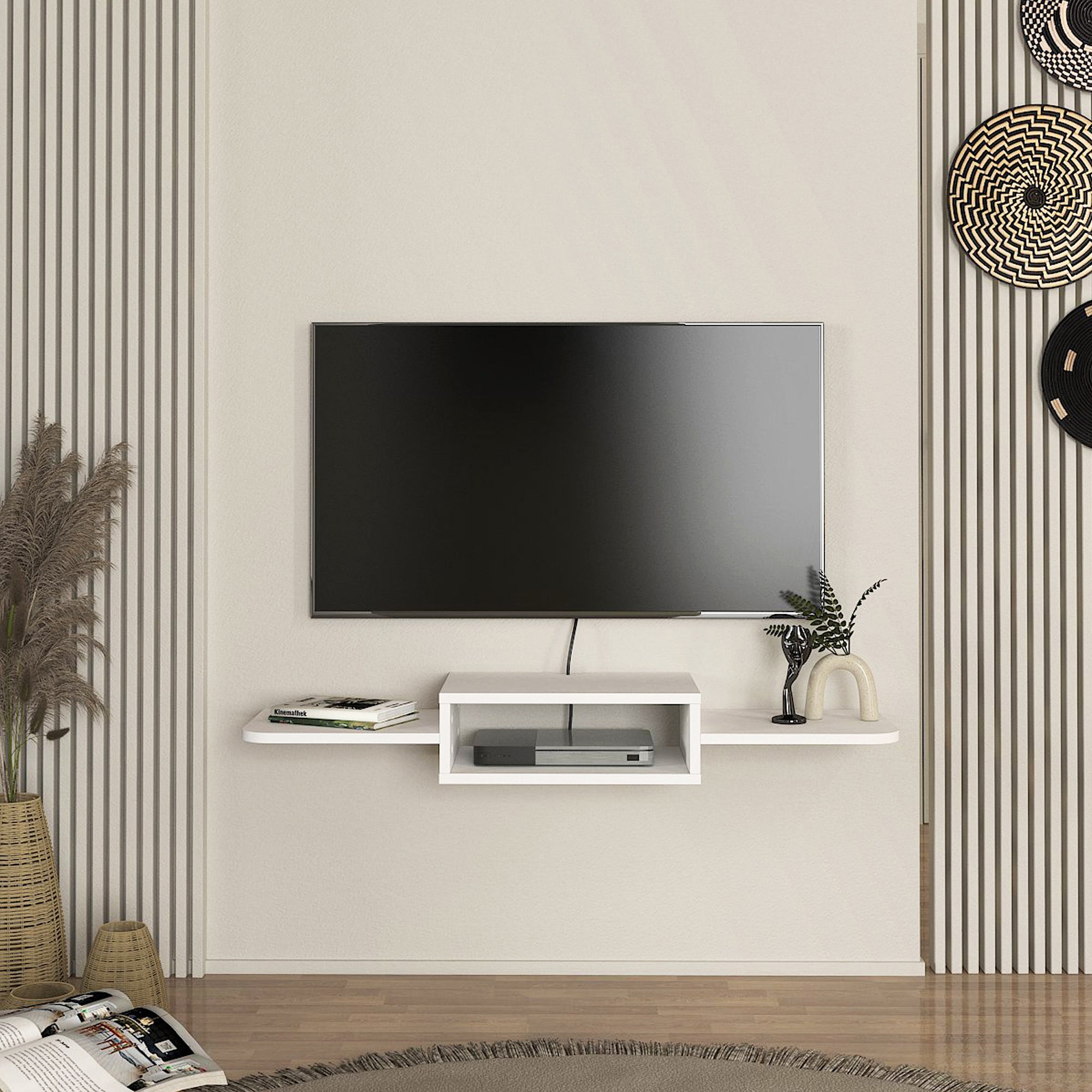 Mobile Porta TV Tar da Parete con Vano Aperto e Ripiani 115 x 30 x 16 cm - Bianco [en.casa]