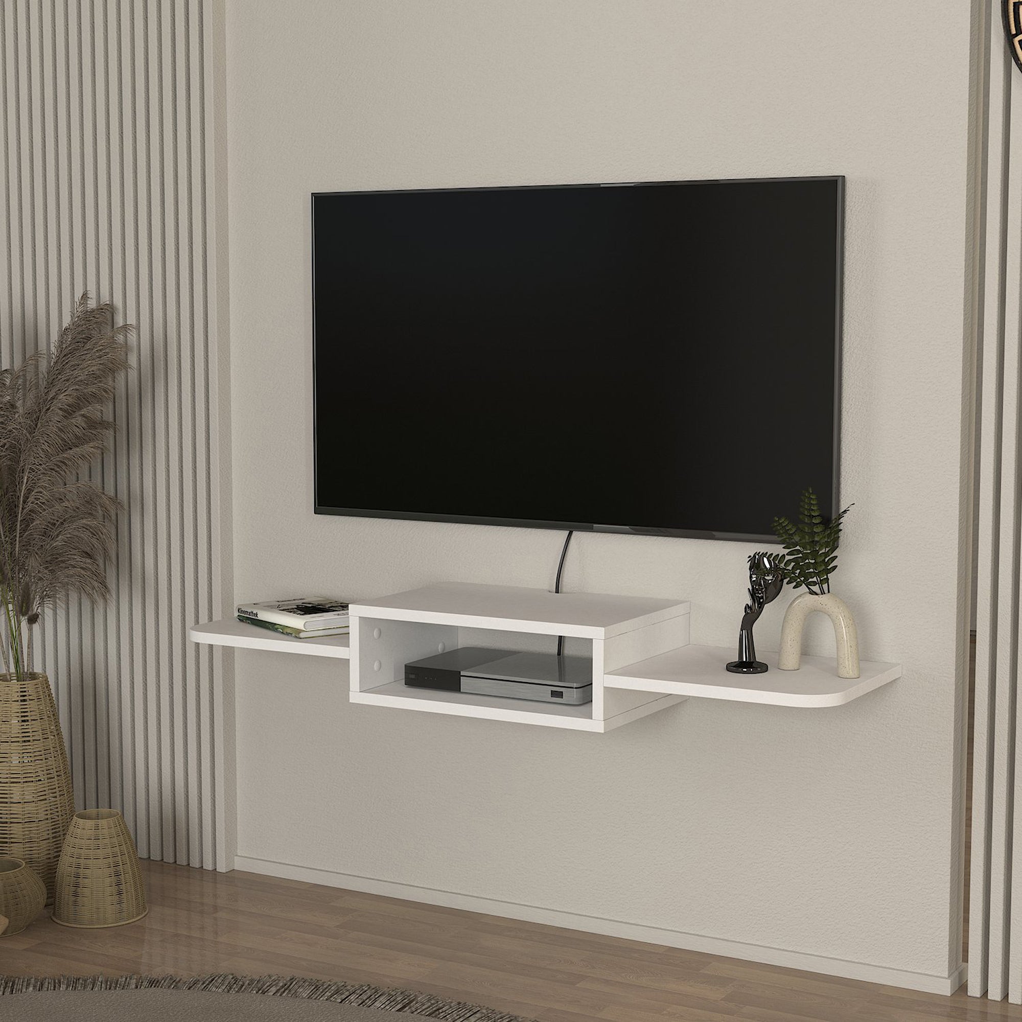 Mobile Porta TV Tar da Parete con Vano Aperto e Ripiani 115 x 30 x 16 cm - Bianco [en.casa]