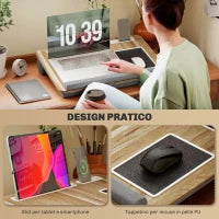 Supporto per Laptop da 15.6" con Tappetino Mouse e Poggia Polsi, Slot per Tablet e Smartphone, Rovere
