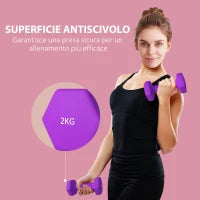 Set 2 Manubri 2x2 kg Esagonali e Antiscivolo per Casa e Palestra, in Metallo e Plastica, 16x7.5x7.5 cm, Viola