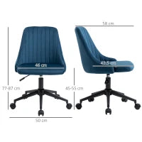 Sedia da Ufficio in Velluto Blu con Altezza Regolabile, Sedia Ergonomica Girevole a 360° e Ruote, 50x58x77-87cm