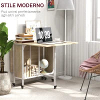 Tavolo da Pranzo Pieghevole per 6 Persone max con Ripiano, in Legno e Metallo, 130x80x74 cm, Bianco e color Legno