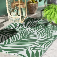 Tappeto Esterno per Balcone e Terrazza Reversibile con Fantasia a Foglie, 152x243 cm, Verde e Bianco