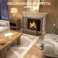 Parascintille per Camino Pieghevole a 3 Pannelli in Acciaio con Design Geometrico, 135x1.2x85cm, Nero