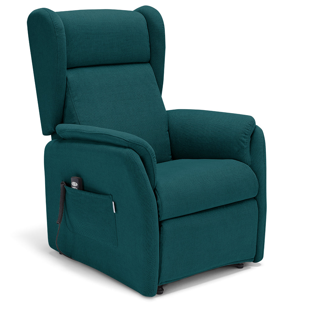 Poltrona relax elettrica FIRENZE MADE IN ITALY per anziani e disabili, 2 motori, 4 ruote, tessuto antimacchia, colore Petrolio