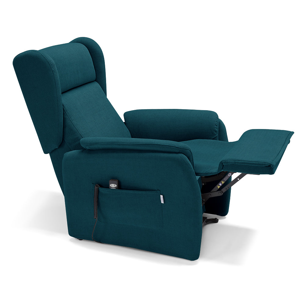 Poltrona relax elettrica FIRENZE MADE IN ITALY per anziani e disabili, 2 motori, 4 ruote, tessuto antimacchia, colore Petrolio