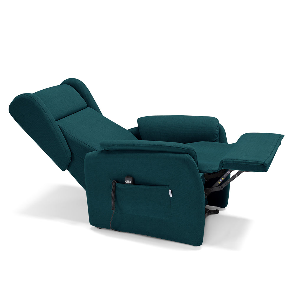 Poltrona relax elettrica FIRENZE MADE IN ITALY per anziani e disabili, 2 motori, 4 ruote, tessuto antimacchia, colore Petrolio
