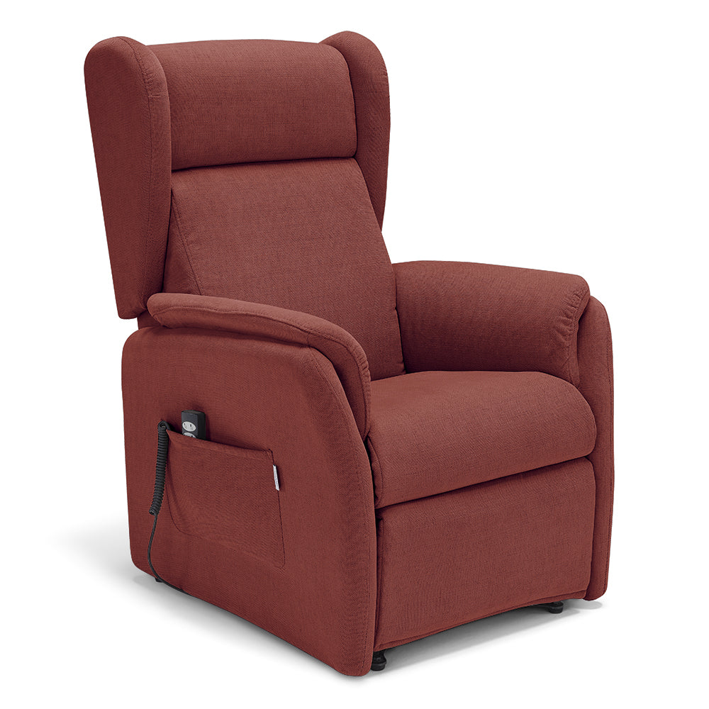 Poltrona relax elettrica FIRENZE MADE IN ITALY per anziani e disabili, 2 motori, 4 ruote, con Kit Batteria, tessuto antimacchia, colore Rosso