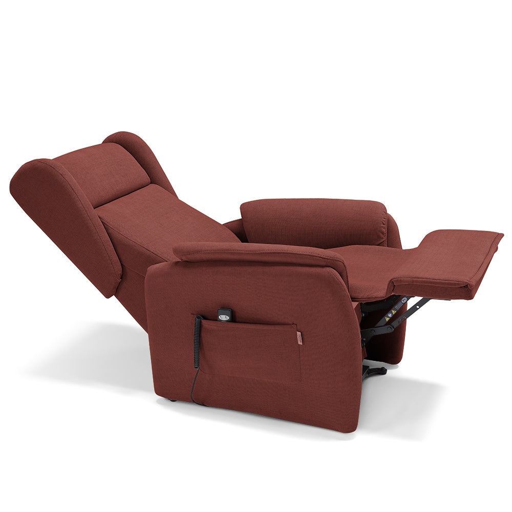 Poltrona relax elettrica FIRENZE MADE IN ITALY per anziani e disabili, 2 motori, 4 ruote, con Kit Batteria, tessuto antimacchia, colore Rosso