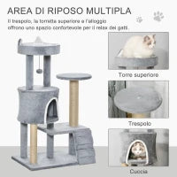 Albero Tiragraffi per Gatti con Trespolo, Casetta, Rampa e Pallina, in Legno e Peluche, 60x40x100 cm, Grigio Chiaro