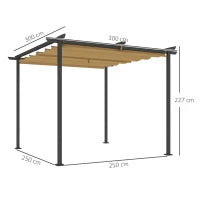 Gazebo Pergola 3x3 con Tetto Retrattile e Fori di Drenaggio in Poliestere e Acciaio, Beige e Nero
