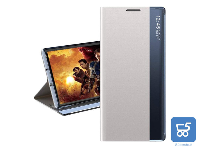 Flip Cover per Samsung A13 5G con Bordo Trasparente Chiusura Effetto Tessuto Argentato