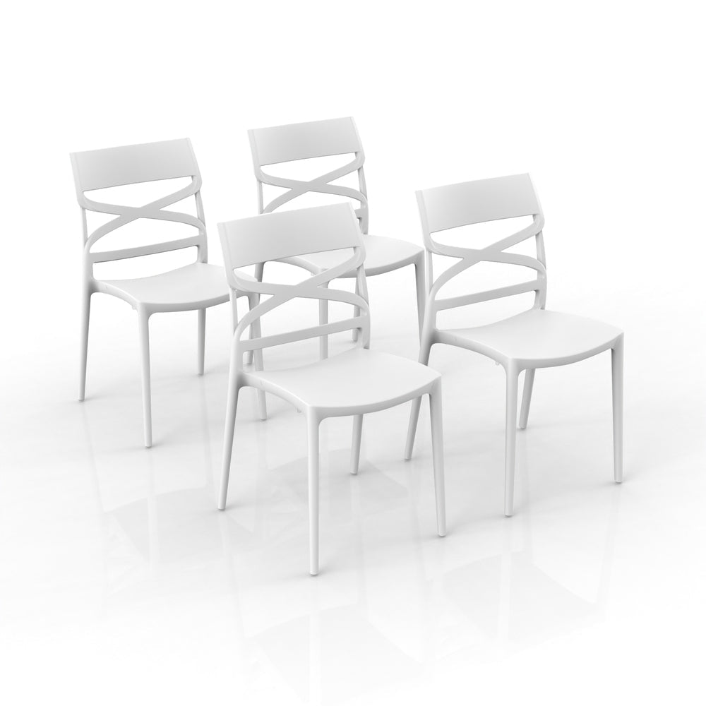 Set 4 sedie in polipropilene FLOW, 100% MADE IN ITALY, impilabile, resistente ai raggi UV, design moderno, ideale per sala da pranzo, cucina, bar, ristoranti o giardino, colore Bianco
