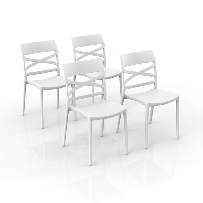 Set 4 sedie in polipropilene FLOW, 100% MADE IN ITALY, impilabile, resistente ai raggi UV, design moderno, ideale per sala da pranzo, cucina, bar, ristoranti o giardino, colore Bianco