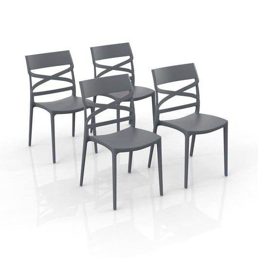 Set 4 sedie in polipropilene FLOW, 100% MADE IN ITALY, impilabile, resistente ai raggi UV, design moderno, ideale per sala da pranzo, cucina, bar, ristoranti o giardino, colore Grigio Metal