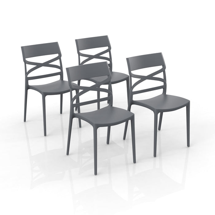 Set 4 sedie in polipropilene FLOW, 100% MADE IN ITALY, impilabile, resistente ai raggi UV, design moderno, ideale per sala da pranzo, cucina, bar, ristoranti o giardino, colore Grigio Metal