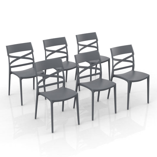 Set 6 sedie in polipropilene FLOW, 100% MADE IN ITALY, impilabile, resistente ai raggi UV, design moderno, ideale per sala da pranzo, cucina, bar, ristoranti o giardino, colore Grigio Metal