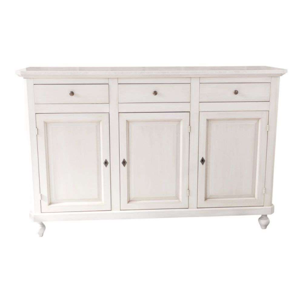 shopinnovativo Credenza con tre ante e tre cassetti in stile classico in legno con rifinitura bianco anticato 150x43x98
