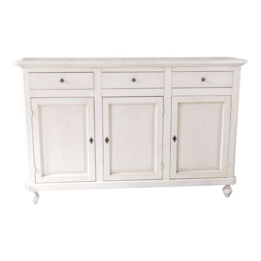 shopinnovativo Credenza con tre ante e tre cassetti in stile classico in legno con rifinitura bianco anticato 150x43x98