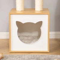 Casetta per Gatti con Pali Tiragraffi in Sisal, Cuscini Lavabili e Pallina, 35x35x81cm, Quercia