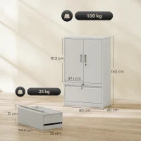 Mobile da Ufficio in Acciaio con Ripiano Interno Regolabile e Cassetto, 80x40x130 cm, Bianco