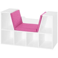 Libreria Panca 2 in 1, Design Contemporaneo, 6 Scomparti, 3 Cuscini Inclus,i 102L x 30P x 61H cm, Bianco e Rosa