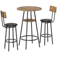 Set tavolo da bar a 3 pezzi con 2 sgabelli imbottiti, rivestimento in eco-pelle, schienale, struttura in metallo, Marrone