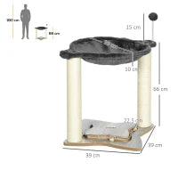 Tiragraffi per Gatti con Amaca in Peluche, Base in Legno con Gioco e Pali in Sisal, 53.55x53.5x66cm, Grigio