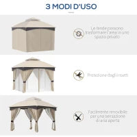 Gazebo da Giardino 3x3m in Acciaio con Doppio Tettuccio e Tende, Beige e Grigio