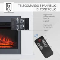 Camino Elettrico a Parete con LED Effetto Fiamma e Timer, Copertura 37m², 2000W - Bianco