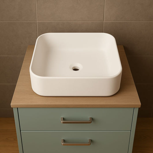 Lavabo d'appoggio ceramica bianco quadrato lavandino bagno dimensioni cm 38,5x38,5x14 *** finitura- opaco, confezione 1