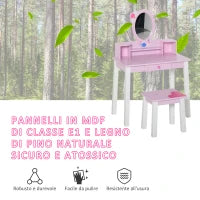 Toeletta per Bambine +3 Anni in Legno, Set Tavolo da Trucco Giocattolo con Specchio e Sgabello, Rosa