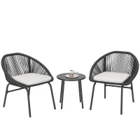 Set da Giardino con 2 Sedie con Cuscino e Tavolino da Caffè in Acciaio e Rattan PE, Nero