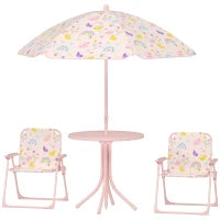 Set da Giardino per Bambini 2-5 Anni con Tavolino Rotondo, 2 Sedie Pieghevoli e un Ombrellone, Rosa