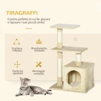 Tiragraffi per Gatti con Casetta, 2 Piattaforme e Pallina Giocattolo, Albero Tiragraffi in Truciolato, Sisal e Peluche, 50x30x81.5 cm, Beige