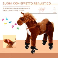 Cavallo a Dondolo per Bambini 2+ Anni con 4 Rotelle e Suoni Realistici, Dondolo per Bambini Imbottito con Poggiapiedi, 65x28x75 cm, Marrone
