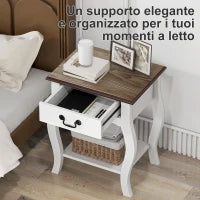 Comodino con Cassetto e Ripiano Aperto in Stile Francese in Legno, 45x35x55 cm, Bianco e Rovere