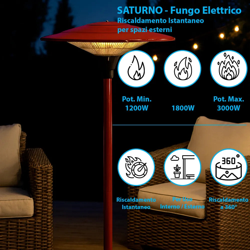 Tempo Style - Stufa Elettrica SATURNO | Fungo Riscaldante ad Infrarossi (3000W) dal Design Elegante | Ideale per Esterno/Interno (Bordeaux)